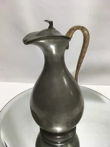 Antique James Dixon & Sons Sheffield Pewter Lidded Flagon Ewer Jug Rattan Handle - Picture 1 of 11