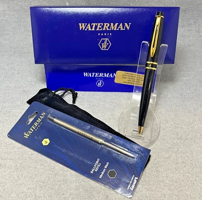 Caneta esferográfica Waterman Expert II acabamento preto e dourado brilhante com caixa, manual e tinta nova - Imagem 1 de 4