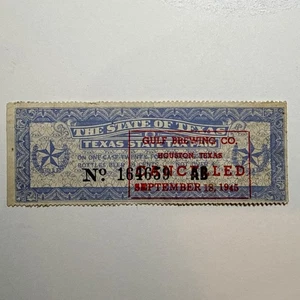 Tarifa Vintage 1945 Estado de Texas “GULF BREWING HOUSTON TEXAS” Estampado de Impuestos de Cerveza  - Imagen 1 de 6