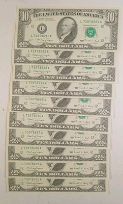 1990 $10 Dollar Bill Note UNC Sequencal Order 10 Notes San Francisco - Image 1 of 3