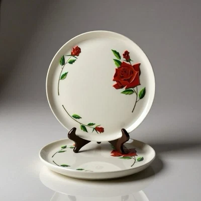 Spaulding Vintage Melamine Dinner Plates 9.5” Red Floral Roses Kitchen Set Of 4 - Image 1 of 4