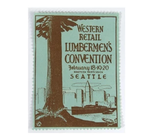 De colección 1937 EXC Póster Sello CONVENCIÓN DE LEÑADORES Seattle Skyline Western Retail - Imagen 1 de 2