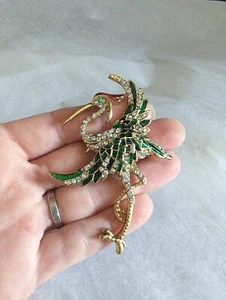 Broche de pájaro grúa cigüeña garza vintage esmalte estrás tono dorado rojo verde - Imagen 1 de 9