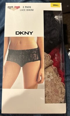 BRAND NEW DKNY Women's Lace Collection Bikini 3-Pack Size SMALL black Red Beige - Image 1 of 4