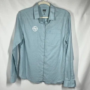 Helly Hansen Hemp Blend Button Shirt Womens S Light Blue Embroidered Marina Logo - Picture 1 of 9