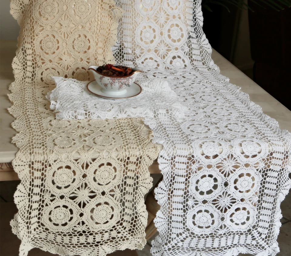 "HANDMADE" Vintage Handmade Crochet Lace 100% Cotton Runner/Topper/Doily White/Ecru Oblong