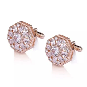 ZARD Men Hexagon Cufflinks with Cubic Zirconai Accent in Rose Gold Plating - Picture 1 of 4