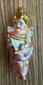 VTG HAND BLOWN GLASS CHERUB/ANGEL GOLDEN MANDOLIN CHRISTMAS ORNAMENT O13 - Picture 1 of 4