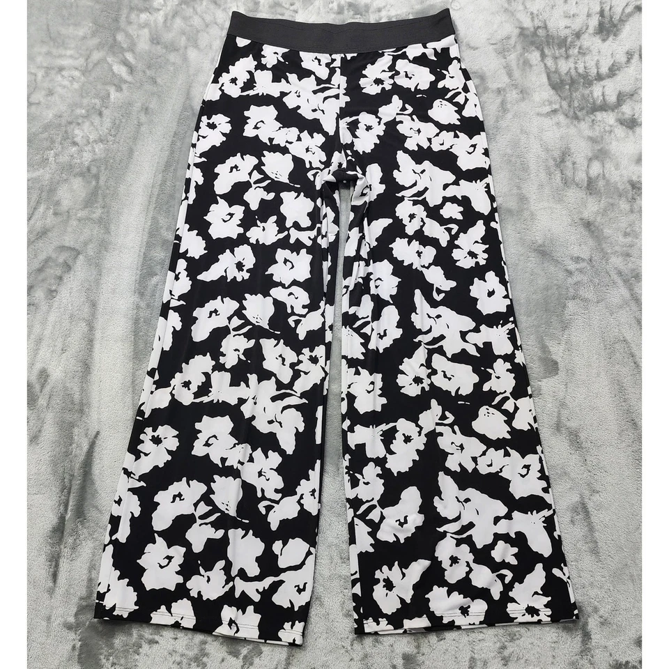 Calça Alfani Vintage Feminina S Preta Branca Floral Cintura Alta Perna Larga Palazzo Boho - Imagem 1 de 4