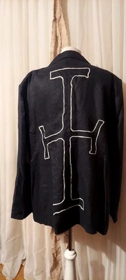 Chaqueta Blazer Art To Wear Negra Pintada a Mano Blanca Cruz en la Espalda 22W Foto 1 de 4