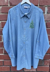 Neu mit Etikett Quacker Factory Gr. 3X Jeanshemd verzierter Weihnachtsbaum Knopfleiste - Bild 1 von 13