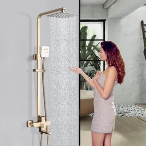 Exposed Shower Faucet System Set Rain Shower Head Mixer Tap Hand Shower Brushed - Picture 1 of 9