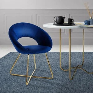 Silla de comedor de terciopelo azul diseño ergonómico asiento moderno curvado - Imagen 1 de 7