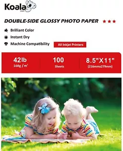 Papel fotográfico brillante de doble cara koala 42 lb 8,5x11 100 hojas 160 g impresora de inyección de tinta - Imagen 1 de 7