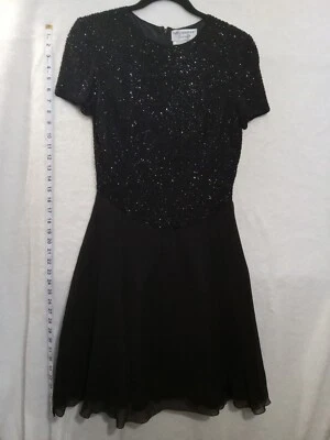 Adrianna Papell Boutique 4 Black Silk Cocktail Dress Evening Beaded Fit & Flare - Image 1 of 4