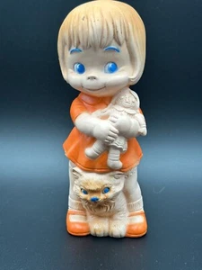 Vintage J.L Prescott Co Rubber Squeaky Toy Girl Holding Doll with a kitten  1968 - Picture 1 of 11