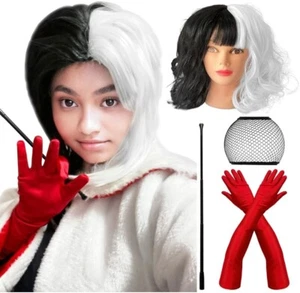 Half Black White Bob Bangs Wig Short Cruella Deville Costume Cosplay Halloween - Picture 1 of 7