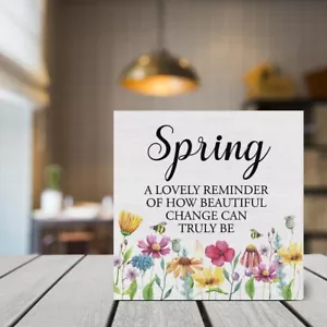 Spring Decorations Indoor Tabletop Colorful Flowers Wooden Sign Gift 5" x 5" - Picture 1 of 12