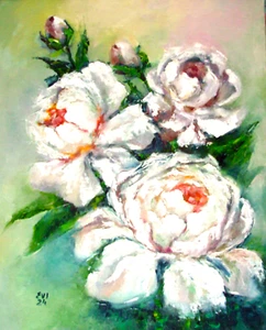 White Peonies Original Oil Painting Floral Wall art Canvas board 16x20 inches - Picture 1 of 1