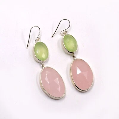 Pink Rose Quartz Gemstone Dangle Silver Earring Pure 925 Sterling Silver Jewelry Foto 1 de 3