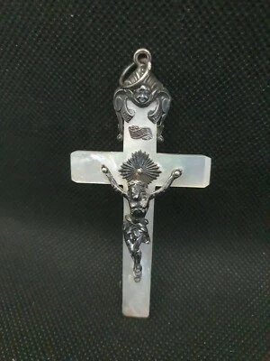 Ancienne Croix En Argent Massif Et Nacre Pendentif Crucifix Ref G336 - Photo 1/4