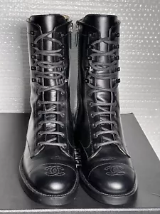 CHANEL WOMEN BLACK LEATHER LACE UP/SIDE ZIPPER COMBAT BOOTS CALFSKIN SIZE 38.5 - Picture 1 of 11