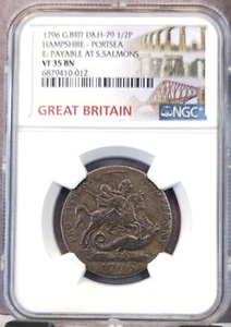 1796 GREAT BRITAIN 1/2 PENNY D&H 79 HAMPSHIRE PORTSEA SALMONS NGC VF 35 BN RARE - Picture 1 of 3