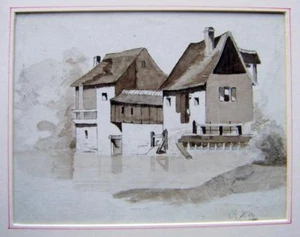 LANDSCAPE A. GERMAN MILL BY A STREAM CONTINENTAL SCHOOL MONO WASH EARLY 19THC - Picture 1 of 1