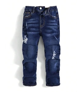 Vaquero Rasgado Pantalones de Mezclilla Para Niños Pantalón Azul Oscuro Casual - Picture 1 of 10