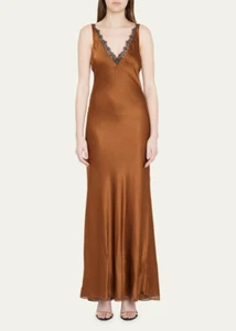 Veronica Beard Seide Spitzenbesatz Slip Kleid Gr. 14 $ 598 dunkel ocker * 1336 - Bild 1 von 4