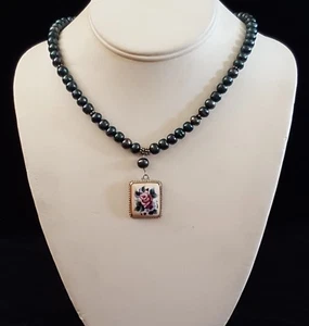 Halskette Perlen bemalt Blumen Anhänger 925 Sterling Silber Akzente Handarbeit USA - Bild 1 von 2