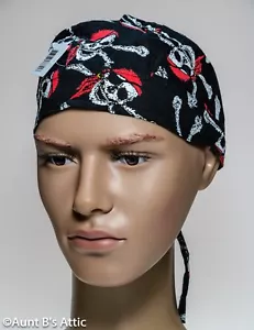 Copricapo pirata-biker B/R/N cotone teschio e spina incrociata accessorio costume stampato - Foto 1 di 2