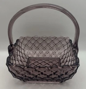 Vintage Purple Woven Cut Art Glass Basket by L.E. Smith- Lattice Design - Picture 1 of 17