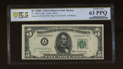 DBR 1950-C $5 FRN Boston Fr. 1964-A PCGS-B 63 PPQ Serial A33242578B - Image 1 of 2