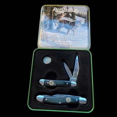 Juego de cuchillos plegables Remington Timber Wolves con lata NUEVO verde cazador Foto 1 de 4