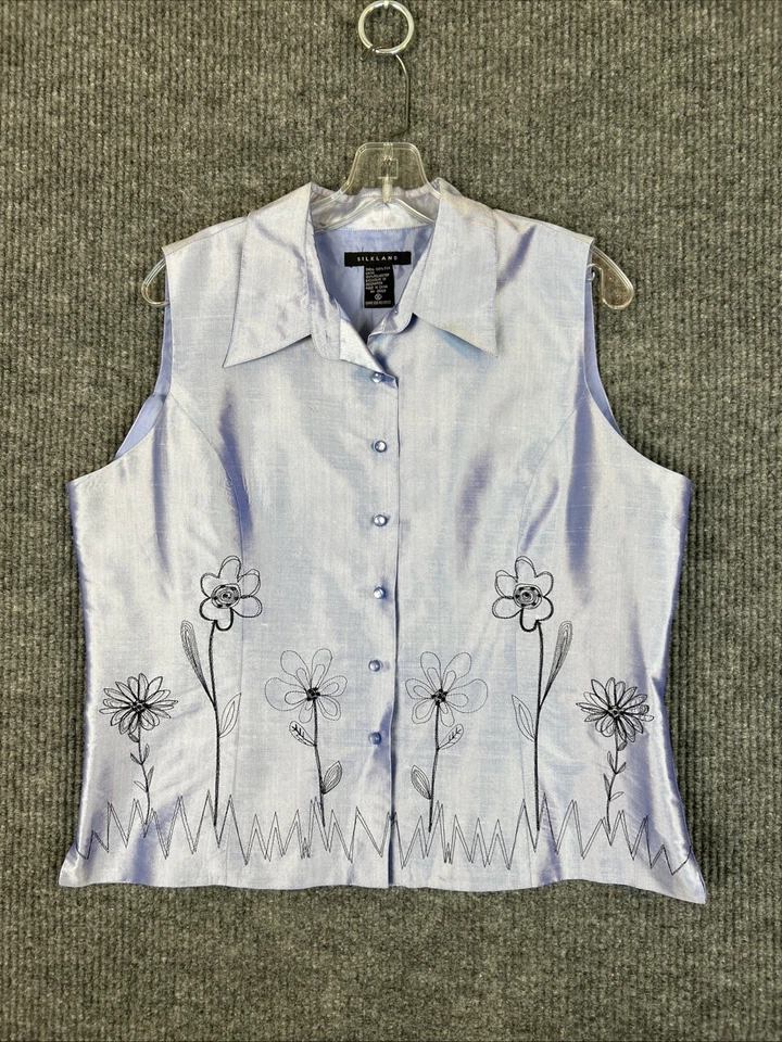 Camisa Silkland para mujer 100 % seda sin mangas con botones delanteros talla XL púrpura bordada Foto 1 de 4