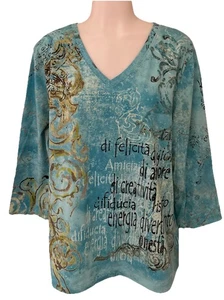 Additions By Chico's SZ 3 Blue Abstract/Writing 3/4 Sleeve Top Stretch Shirt - Picture 1 of 14