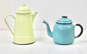 1960s Polish Enamel Coffee Pot and Teapot Pair Retro Kitchenalia TV Prop Rustic - Picture 1 of 18