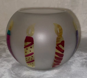TeleFlora Gift Circle Frosted Glass Vase Bowl w/ Hand Painted Candles 4.25" High - Picture 1 of 5
