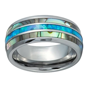 Tungsten Carbide Opal & Mother of Pearl Inlay DomeEternity Band Ring Size 7-15 - Picture 1 of 3