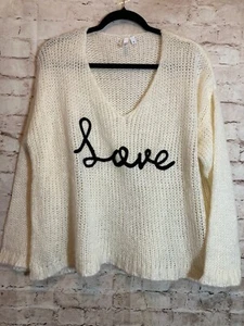 Elan Love Sweater Womens Medium Cream Spellout Pullover Lightweight Open Knit - Picture 1 of 12