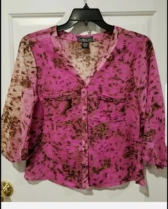 Metro 22 Sheer Button Up Blouse, Pinks/Browns 2 Chest Pockets , Size Large - Picture 1 of 8