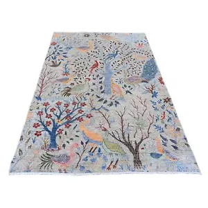 5'2"x7'4" Gray Afghan Peshawar Birds Design Soft Wool Hand Knotted Rug R20439 - Picture 1 of 6