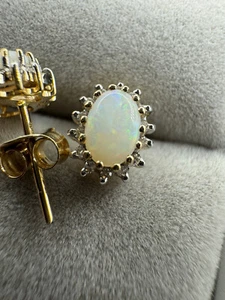 9ct Yellow Gold Natural Oval Opal and Diamond Cluster Earrings (293O) - Picture 1 of 5
