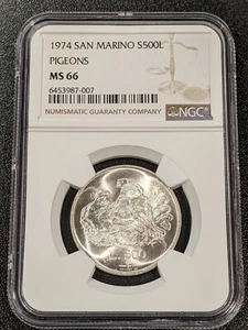 1974 MS66 San Marino Silver 500 Lire NGC KM 37 Pigeons 1 Graded Higher! - Picture 1 of 2