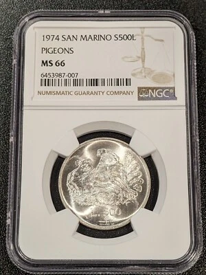1974 MS66 San Marino Silver 500 Lire NGC KM 37 Pigeons 1 Graded Higher! - Image 1 of 2