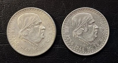 Lindas moedas de prata de um peso do México 1947 e 1948 KM#456 - Imagem 1 de 2