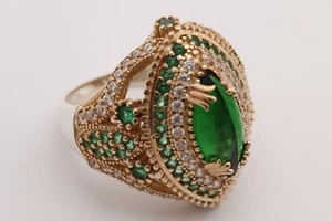 Turkish Jewelry Marquise Cut Emerald Topaz 925 Sterling Silver Ring Size All - Picture 1 of 9