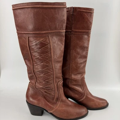 Fossil Boots Tall Riding Equestrian Western Boho Heeled Brown Woven Leather 11 - Image 1 of 4
