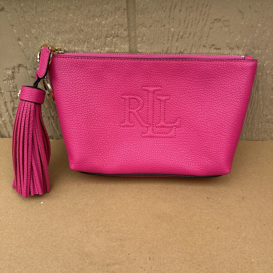 New Lauren Ralph Lauren Leather Cosmetic Pouch Tassel Pink Gold Makeup Bag - Image 1 of 4